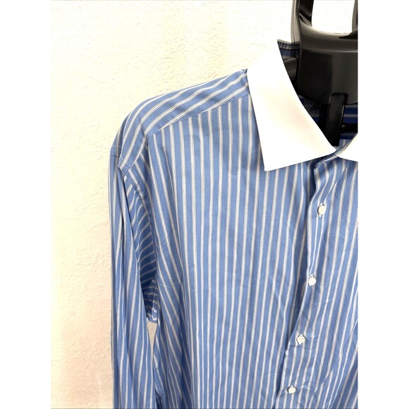 Brioni Men’s 18" Large Blue White Striped Long Sleeve French Cuff Shirt Italy - Picture 5 of 10
